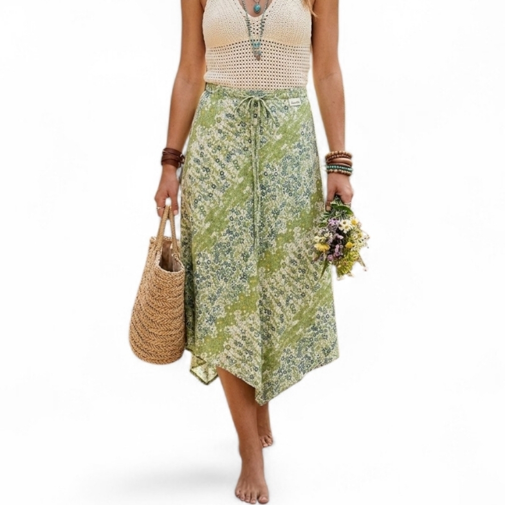 VTG 90s Sugar Asymmetrical Floral Midi Skirt L Green Cotton Linen Fairycore